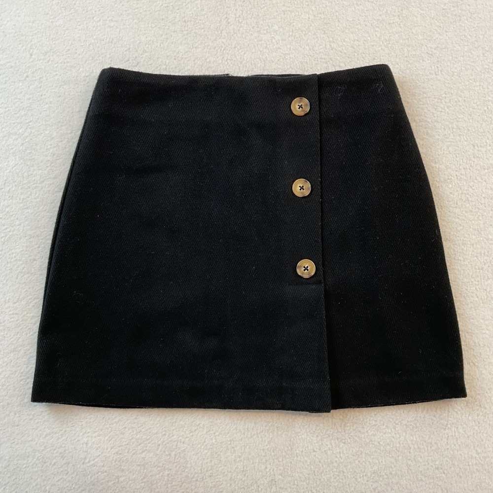 gb Girls Black Herringbone Faux Wrap Skirt Decorative Buttons Size 10